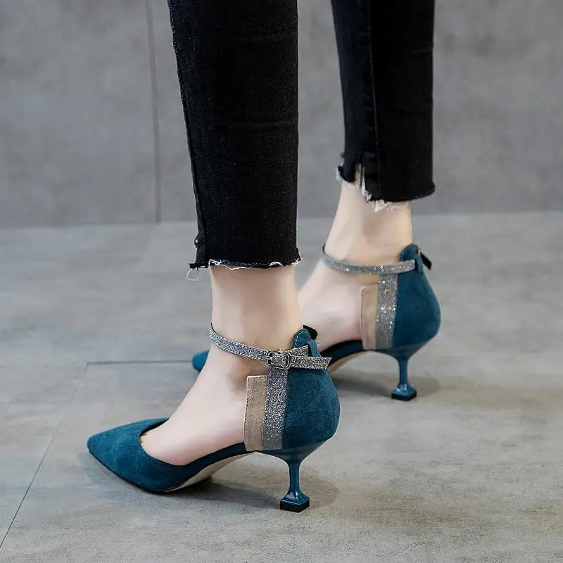

High Heel Shoes Women's Thin Heeled 2019 New Style Korean-style Pointed-Toe Versatile Closed-toe Straight-line Buckle Rome Hallo