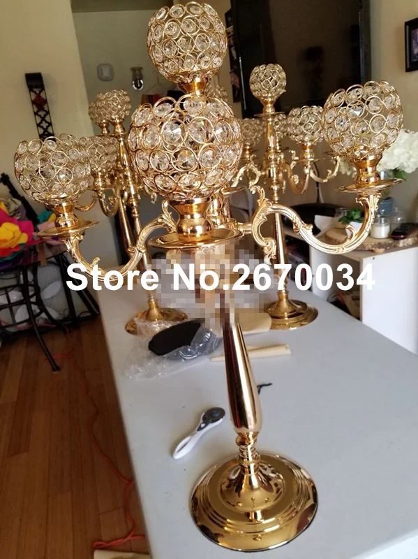 12pcs 5-arms gold crystal candelabras table centerpieces wedding candle holder centerpiece party decor 0779