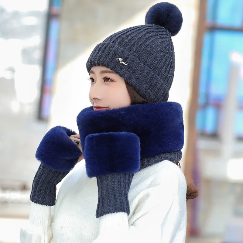 Трехсекционный Женский Зимний вязаный шерстяной с бархатными перчатками, шарфами и шапками в одном Корейском стиле, утолщенный теплый костюм - Цвет: 27