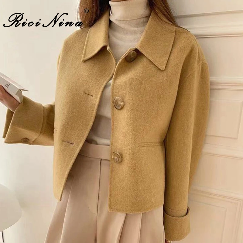 Abrigo de lana de RICININA para con botones de chaqueta de invierno con bolsillo Vintage elegante Mujer Abrigos y chaqueta de primavera 2019 prendas de vestir|Lana y mezclas| -