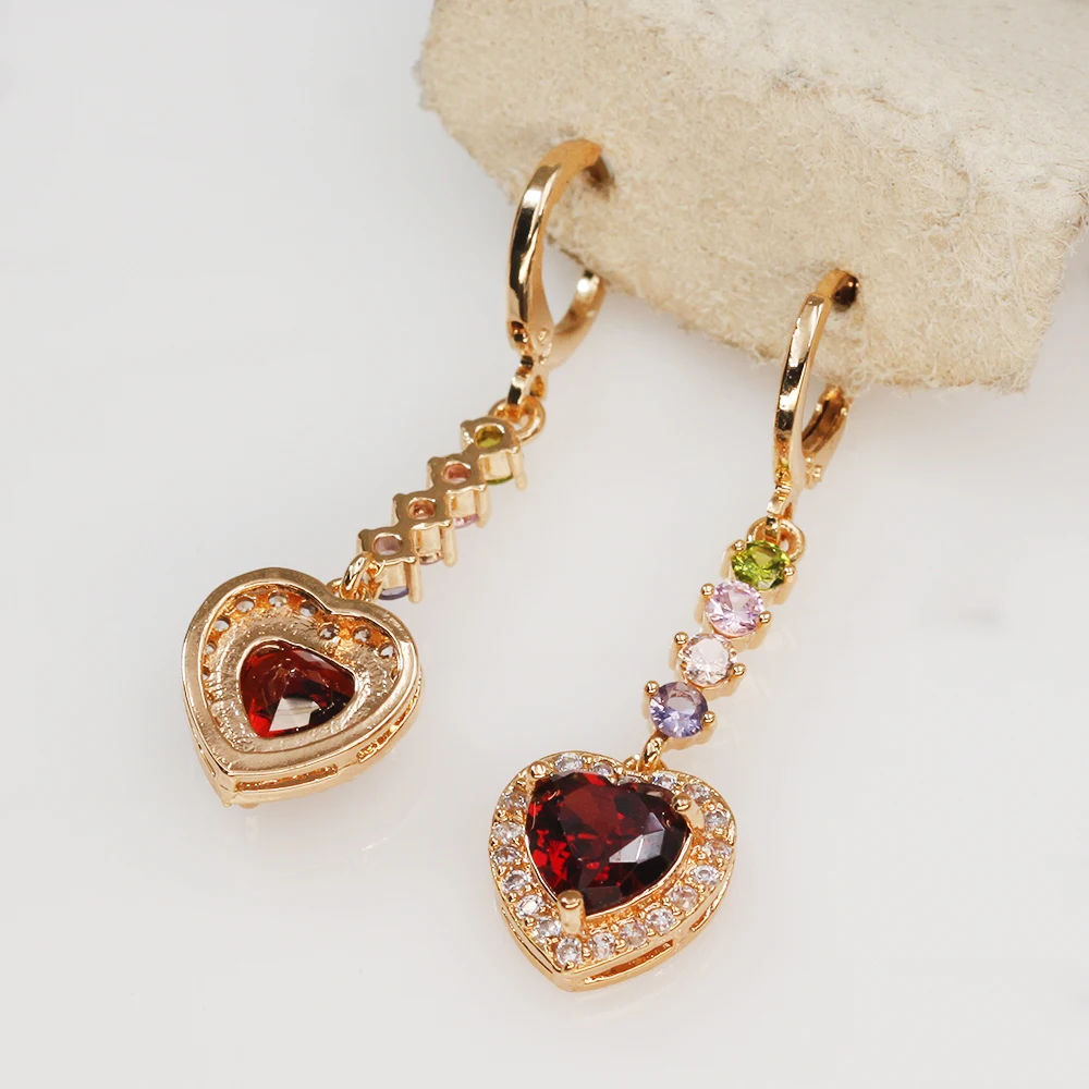 Luxury Drop Earrings for Women's Dangle earrings Gold Filled Earring with heart redZircon Trendy Jewelry for Wedding accessories