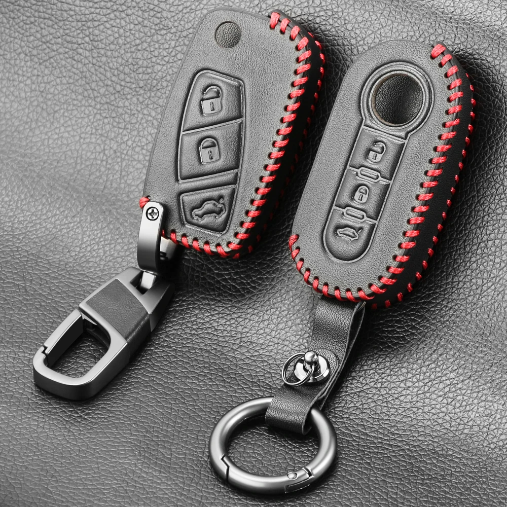 Funda de cuero para llave de coche, accesorio para FIAT 500, Panda, Punto Bravo, alarma, 3 botones, abatible, mando a distancia, funda, soporte