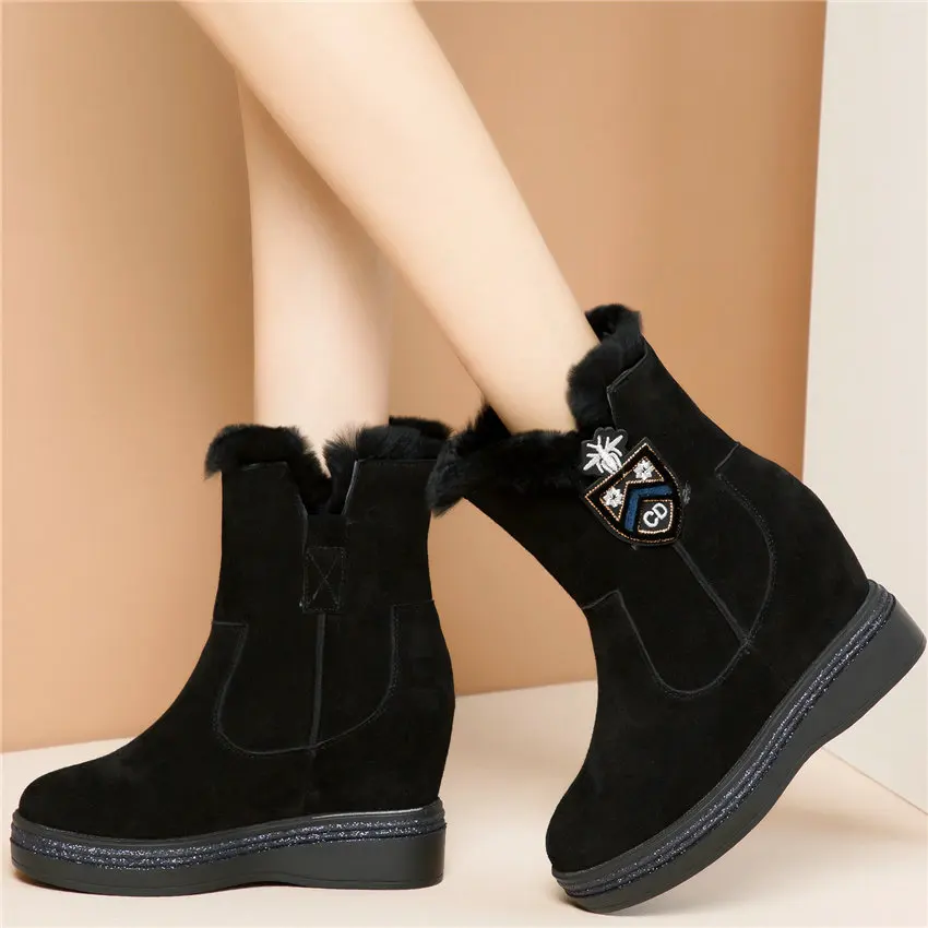 Punk Goth Trainers Women Cow Leather Wedges High Heel Snow Boots Rabbit Fur Platform Pumps High Top Winter Warm Fashion Sneakers