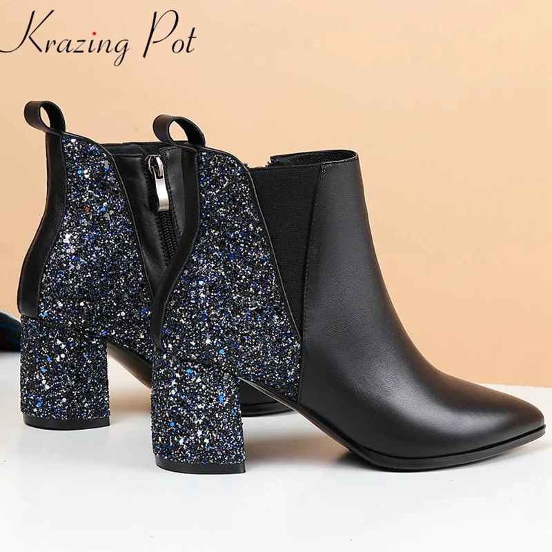 

krazing pot winter genuine leather sequined cloth bling zipper mixed color high heels pointed toe large size ankle boots l8f1
