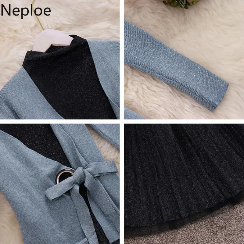 Neploe/осенние Вязаные кружевные кардиганы с длинным рукавом необычной длины и v-образным вырезом+ вечерние кружевные платья с высокой талией без рукавов, элегантный комплект из 2 предметов, 46899