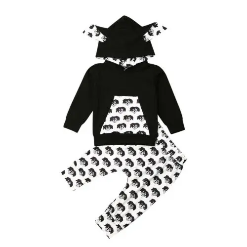 Осенне-осенняя одежда для новорожденных девочек и мальчиков топы с капюшоном и длинными рукавами+ брюки с собачкой, весенняя одежда - Цвет: Черный