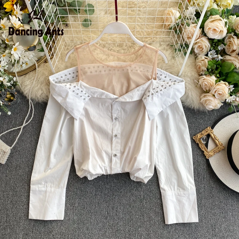Женские рубашки с открытыми плечами пикантные короткие блузки длинным рукавом и