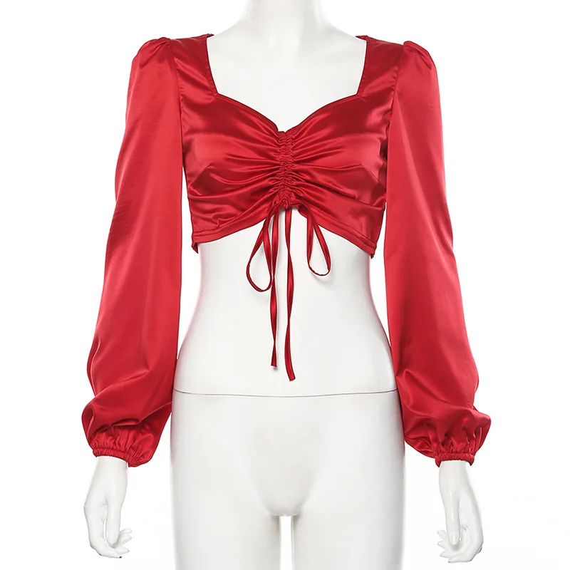 low cut ladies tee shirts stretch Slim shirt clothes tshirt vintage punk clothing size Red long sleeve crop tops women sexy