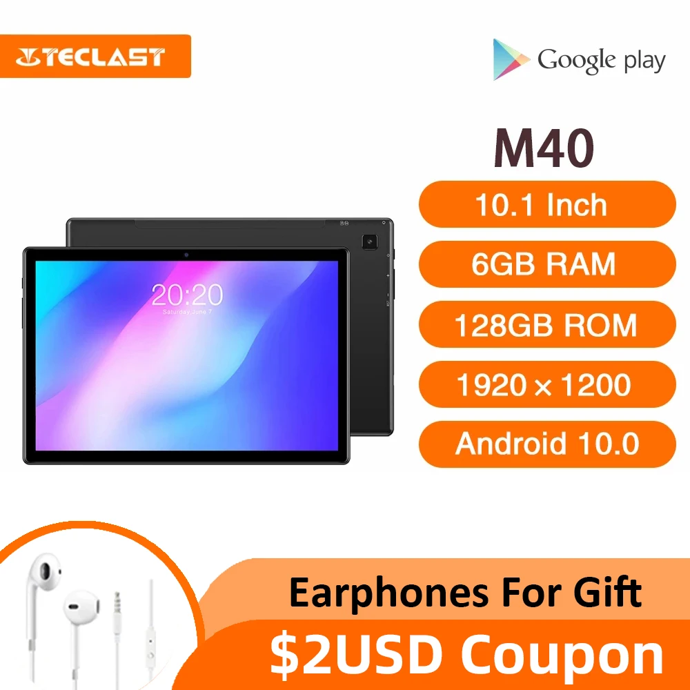 Newest Teclast M40 Tablets Android 10.0 Tablet PC 6GB RAM 128GB ROM 10.1 Inch 8MP Rear Camera Dual 4G Phone Call Bluetooth 5.0