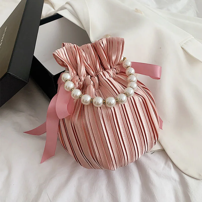 

Pearl Chain Mini Drawstring Candy Colors Bucket Bag Fashion Crossbody For Women 2020 Bow Shoulder Bag Travel Phone Purses