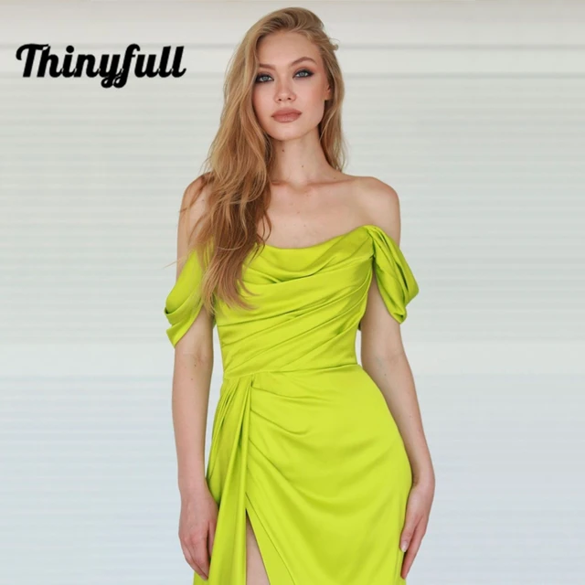 Thinyfull Off Shoulder Prom Dresses Sexy Satin High Split Evening Dress Mermaid Floor Length Plus Size Cocktail Party Night Gown Picture Color