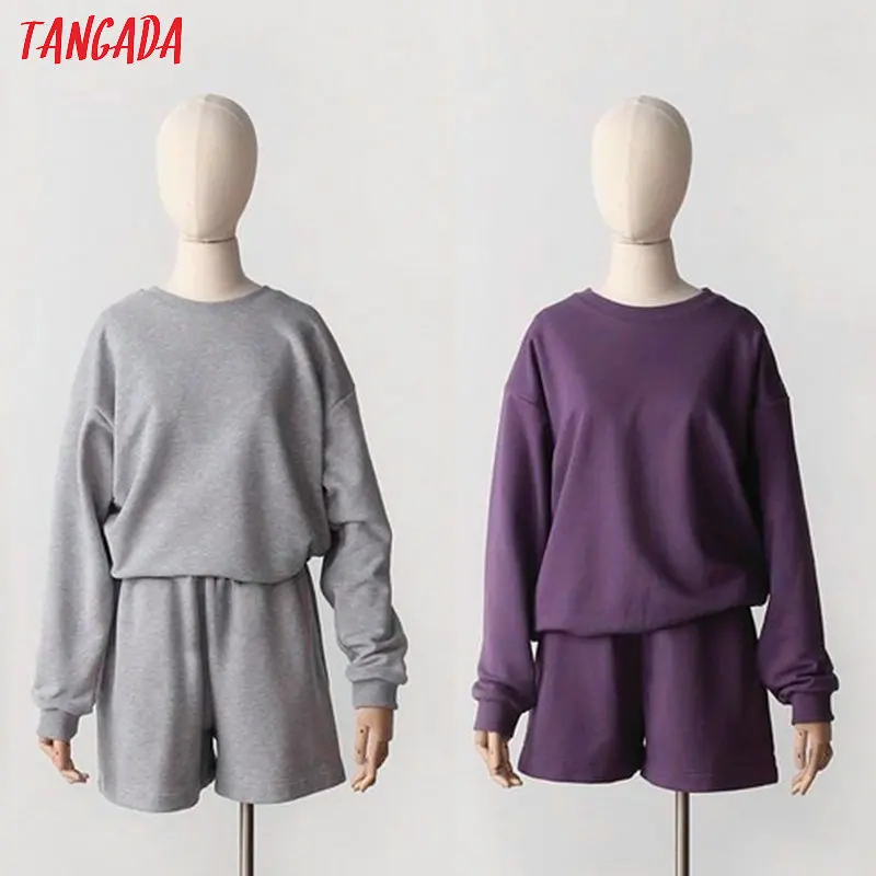 Tangada 2020 Autumn Women Terry 95% cotton suit oversized 4 pieces sets o neck hoodies sweatshirt shorts pants suits 6L30