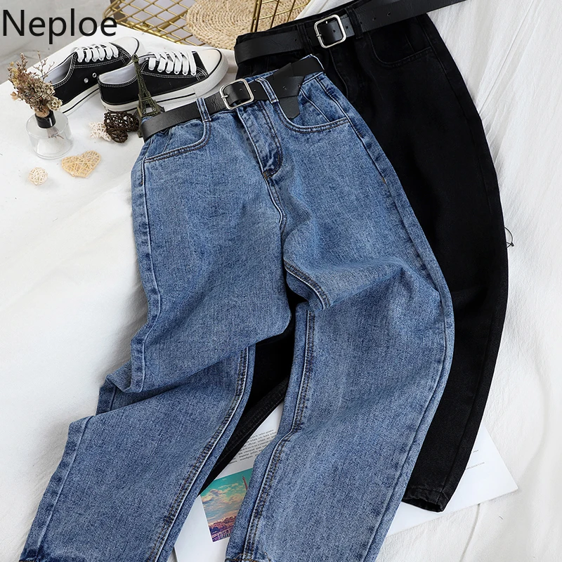 

Neploe Zipper Button Belt High Waist Women Demin Pants Straight Jeans Pants Autumn 2020 New Korean Causal Long Trousers 57316