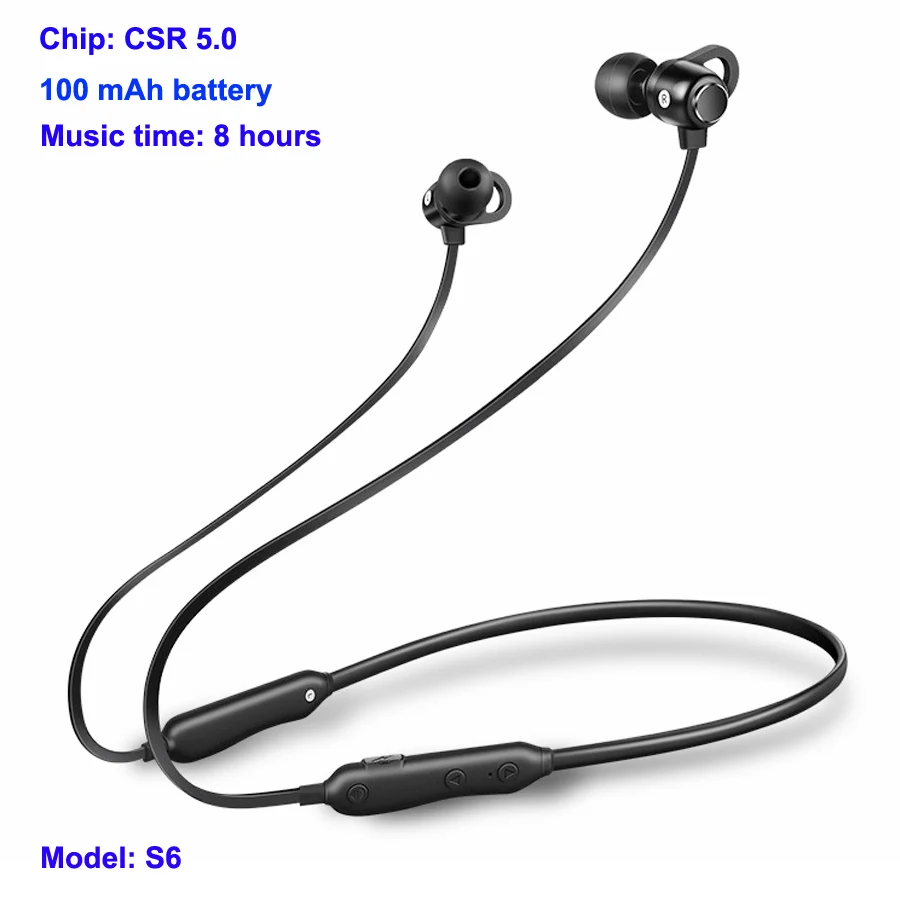 S6 Спортивные Беспроводные наушники с глубоким басом, Bluetooth наушники с микрофоном, водонепроницаемые 5,0 наушники с шейным ободом, гарнитура для всех телефонов - Цвет: S6 100mAh