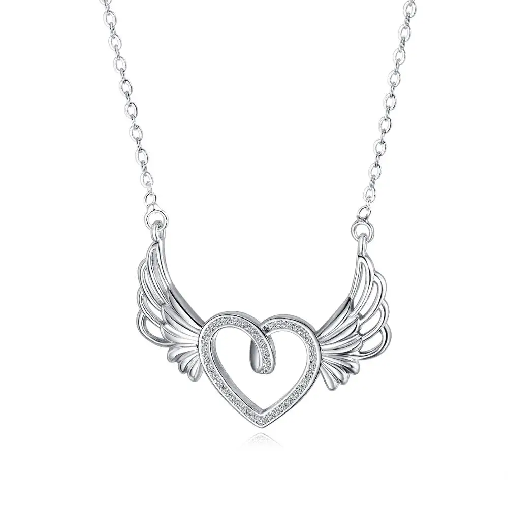 

DI-75 Fashion pendant stainless steel chain Crystal Silver Angel Wings necklace For Women Summer Jewelry Gift