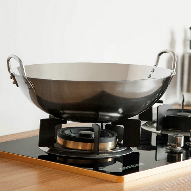 Нержавеющая сталь без покрытия Woks газовая плита традиционный горшок ручной работы с двойным ухом шеф-повара жарить ВОК