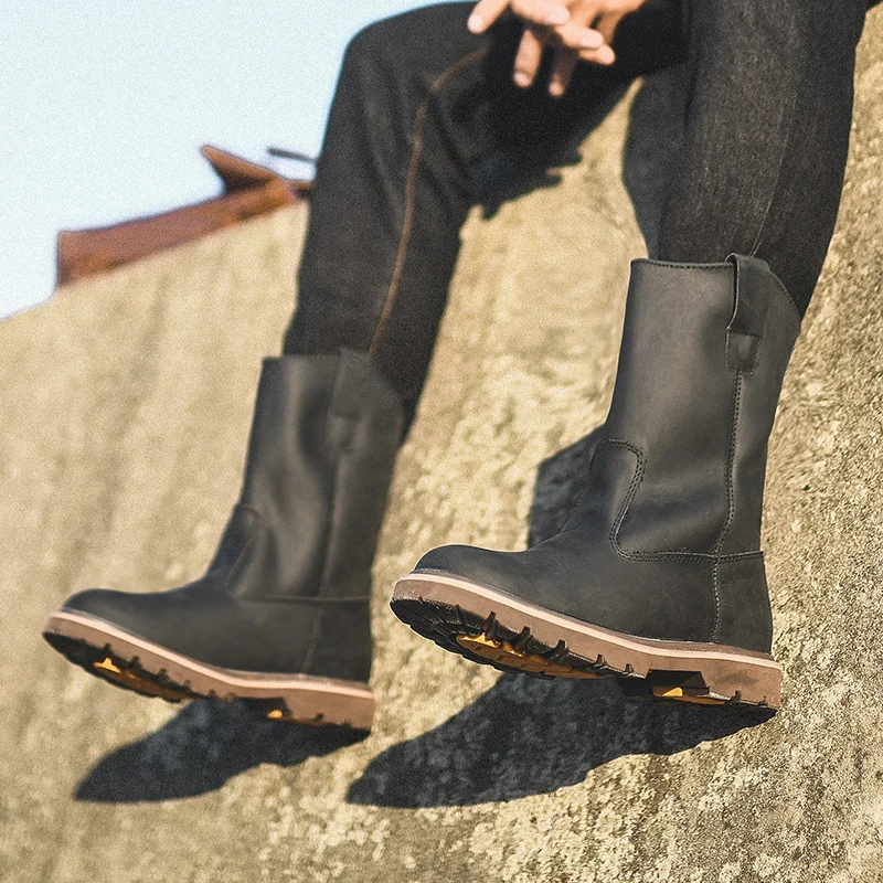 Зимние ботинки в стиле милитари; высокие рабочие ботинки на квадратном каблуке без шнуровки; Мужская классическая обувь в британском стиле; модные ботинки в байкерском стиле из коровьей кожи
