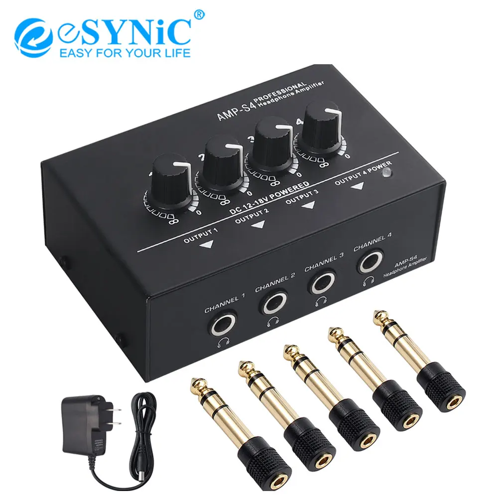 eSYNiC Headphone Amplifier With 4 Channel Portable Stereo TRS Headphones Output Jack and TRS Audio Input for Stage Applications