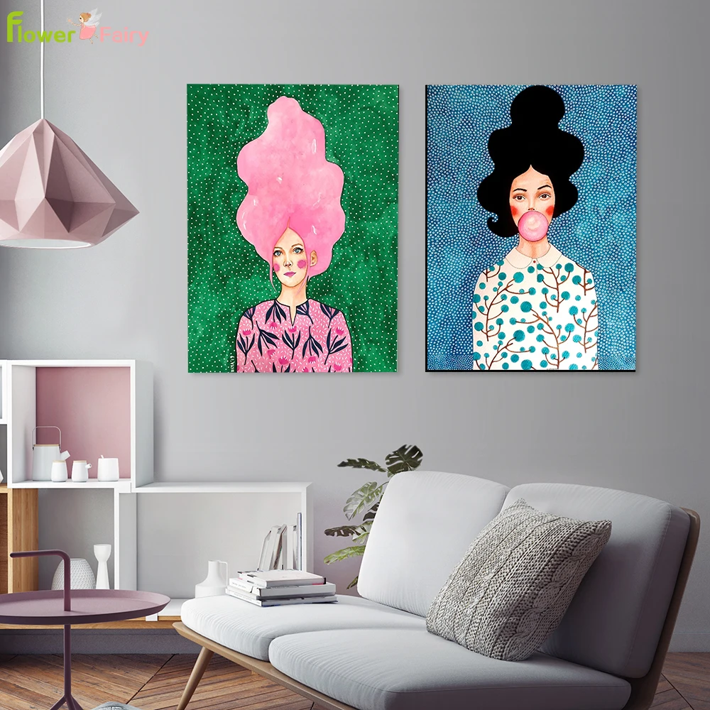 Абстрактная розовая девушка, роспись стен куадроса, Картина на холсте, выдувные пузыри, скандинавские плакаты на стену, изображения для гостиной без рамы