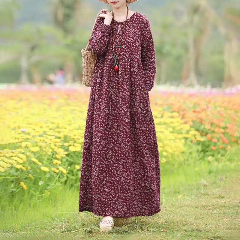 Vintage Women's Printed Dress 2022 ZANZEA Spring Sundress Casual Long Sleeve Maxi Vestidos Female Floral Hollow Robe Oversized shirt dress Dresses