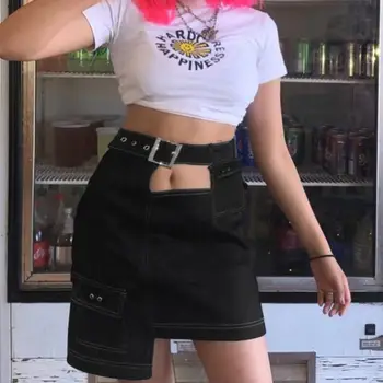 

SUCHCUTE Irregular Women's Skirt metal belt jeans mini Skirts spring 2020 pockage Female Jupe Streetwear Gothic party outfits