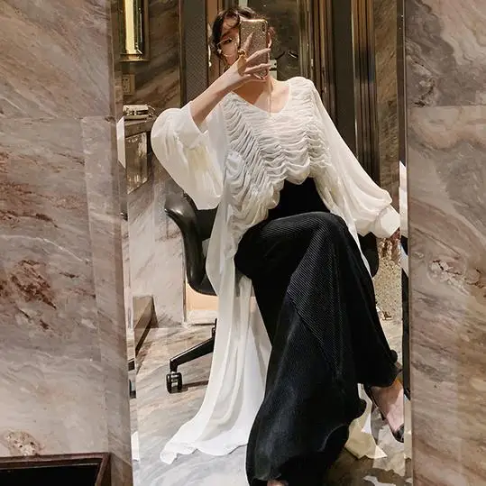Vintage Solid Trousers Women High Waist Pleated Ruffles Hem Big Size Wide Leg Pants Female Fashion Spring New Tide AE584