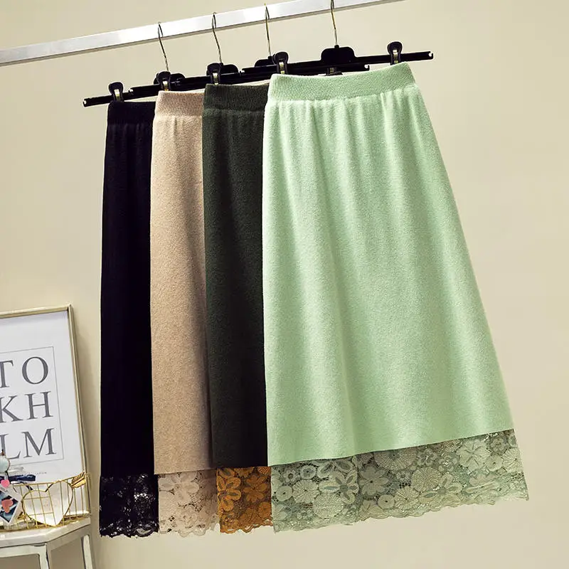 Autumn Winter Knitted Lace Skirt Women Saia Elegant Floral High Waist Skirts Womens Faldas Casual Harajuku Slim Knit Skirt Q2072