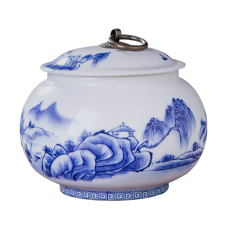 Jingdezhen Porcelain Blue And White Ceramic Sealed Copper Ring Tea Jar