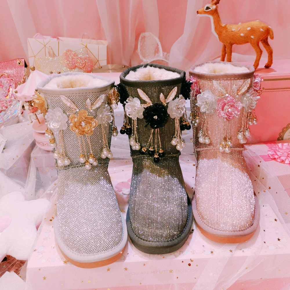 Модный сверкающий Блестящий цветы зимние сапоги Женская водонепроницаемая зимняя обувь Стразы плюшевые теплые зимние ботинки Женские сапоги
