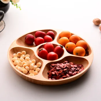 

5 lattices Round Wooden Snack Dishes Nut Dried Fruit Plates Candy Dessert Party Servicing Tray