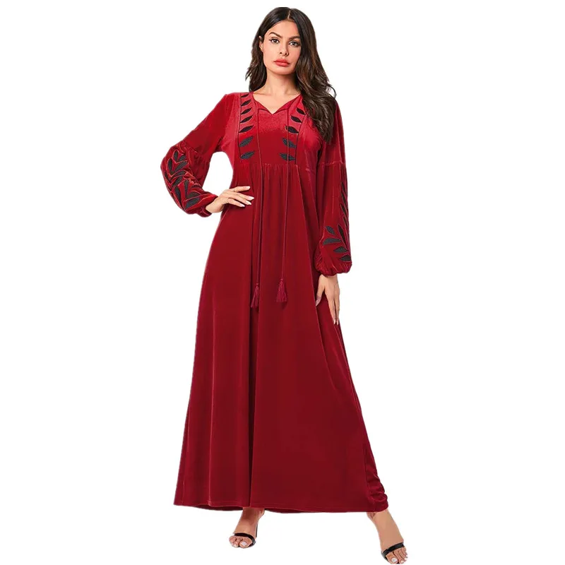 

2019 Winter Red Velvet Arab Muslim Long Dress Women Red Abayas Hijab Kaftan Caftan Turkish Dresses Prayer Islamic Clothing Robe