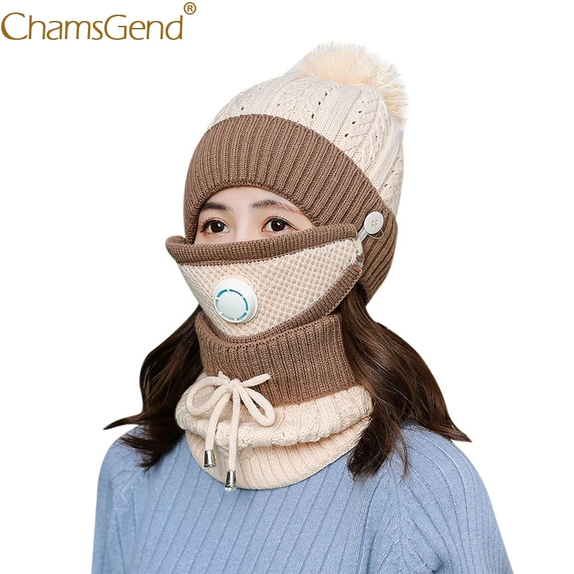 Winter Knit Set Women Girls Patchwork Ball Hat Skullies Beanies Lace-up Scarf O Ring Face Mask Woman Ski Cap 9108