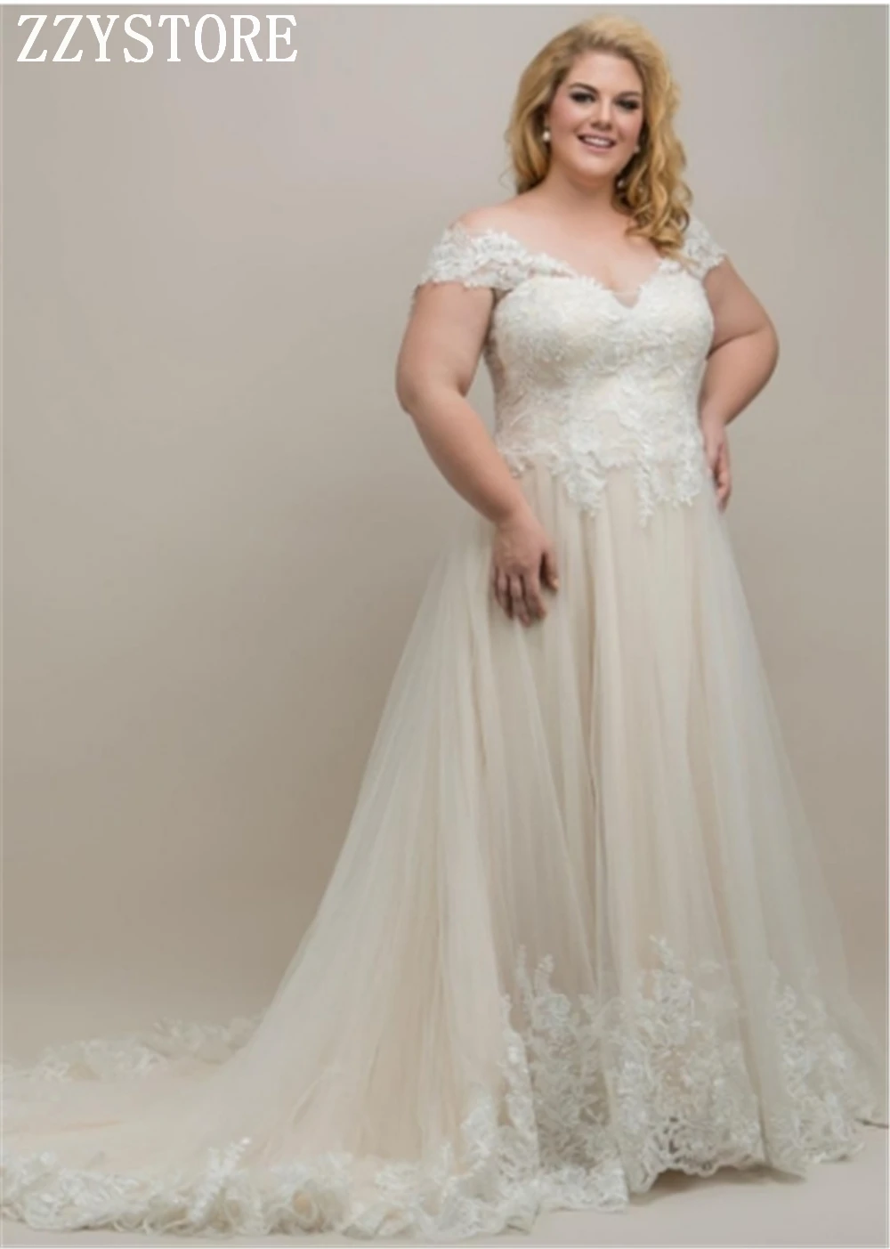 

A Line Ivory Tulle Wedding Dresses 2019 Deep V Neck Long Sleeves Appliques Plus Size Bridal Wedding Gown Vestido De Noiva