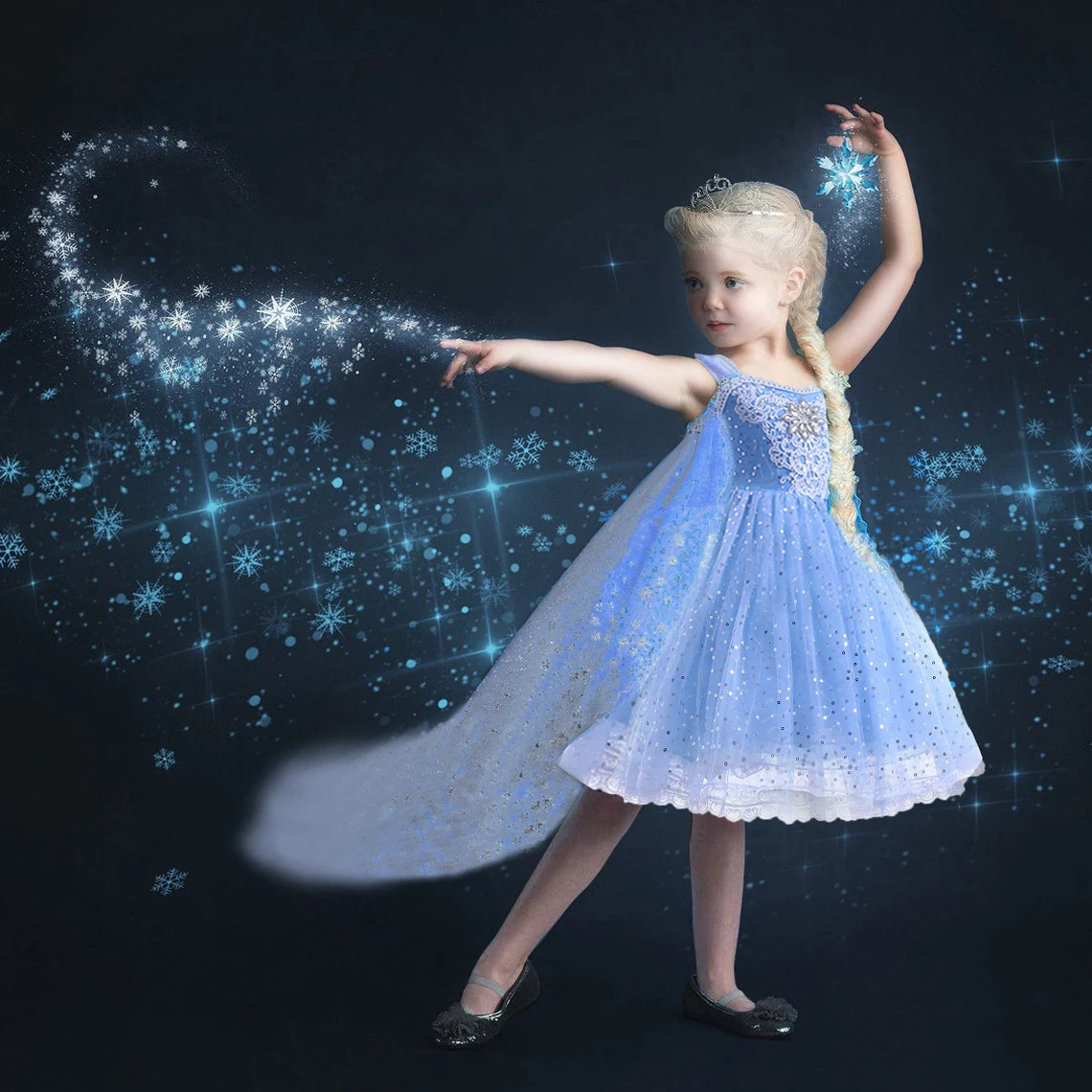 

Fancy Girl Lace Flower Crystal Snow Queen Elsa Princess Dress Elegant Kids Sequins Sling Gowns Child Birthday Party Prom Dress