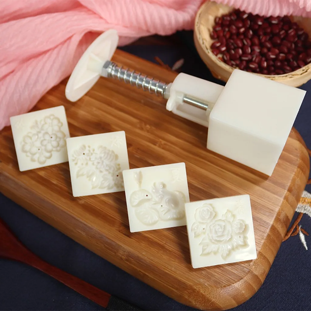 

Mooncake Mold Flower Mid-autumn Festival Hand Press MoonCakes Cutter Molds Set Kitchen Bakeware Tools Art Cake Form Tray Mould