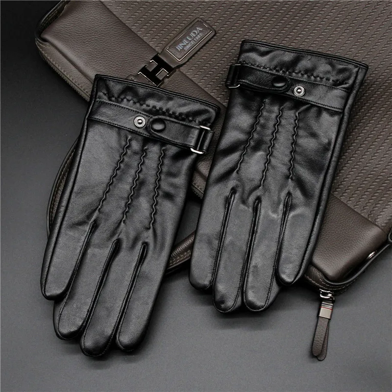 

Men's sheepskin gloves autumn and winter velvet thickened warm driving anti-skid skiing full finger black gloves touch screen
