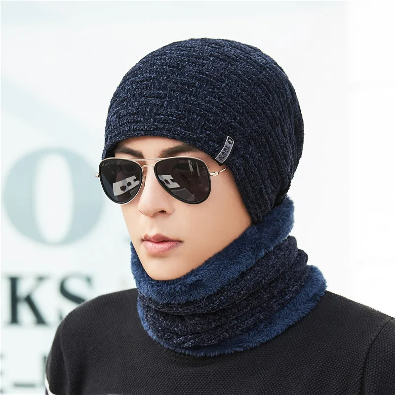 New Winter Men Hat Scarf Set Fashion Wool Hat Male Winter Caps Men velvet thick wool warm caps riding windproof hat set