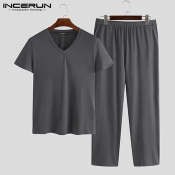 

INCERUN Summer Men Pajamas Sets Solid V Neck Short Sleeve Tops & Pants Homewear Breathable Casual Soft Male Sleepwear Sets S-5XL