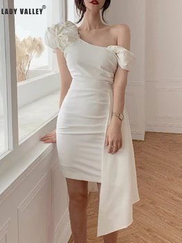 

Free shipping Shoulder Leaky shoulders Puff sleeves Sexy Tight Irregular dress Ladies Summer Pack hips Temperament Party