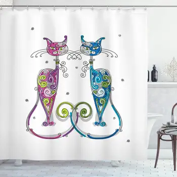 

Cat Lover Decor Collection, Couple of Cats Floral Friends Together Ornament Vibrant Colors Artistic Design, Polyester Fabric