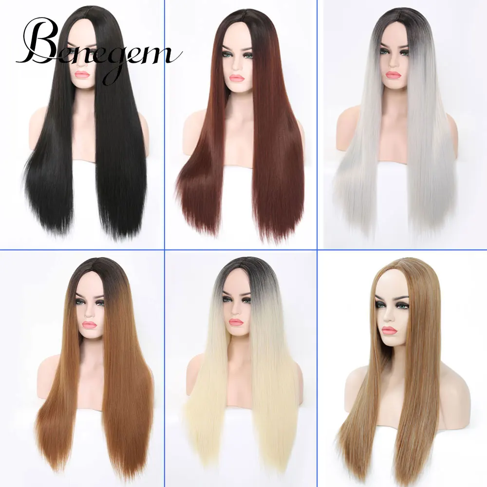 Benegem 24 inch Long Black Wig Synthetic Straight Women Wig Middle Part Non-Lace Cosplay Wigs for Party Costume 60 cm