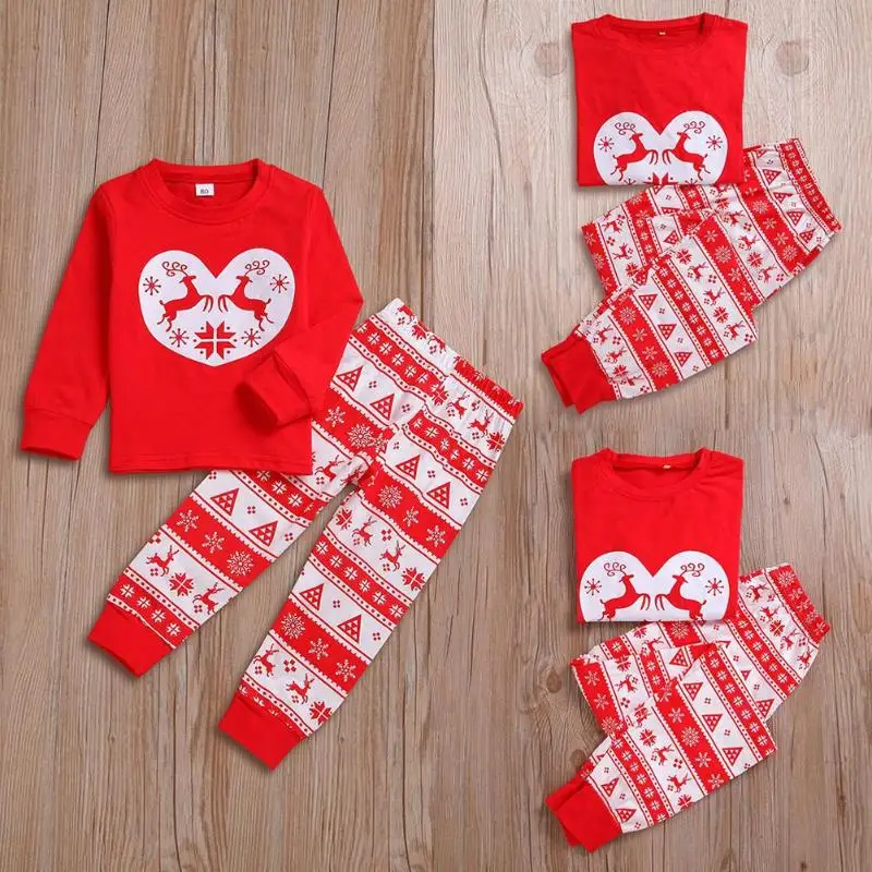 2pcs Clothes Set Parent-child Pajamas Christmas Elk Print Round Collar Cotton Warm Long Sleeve Loose Version Sleepwear