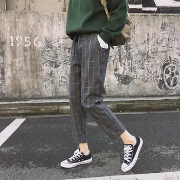 買取 女性カジュアルチェック柄ルーズウエスト巾着ハーレムパンツロングスリムウールのズボン