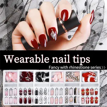 

24pcs With Designed False Nail Artificial Tips for Decorated Press On Fake Nails Art Extension Stiletto Tips with Glue