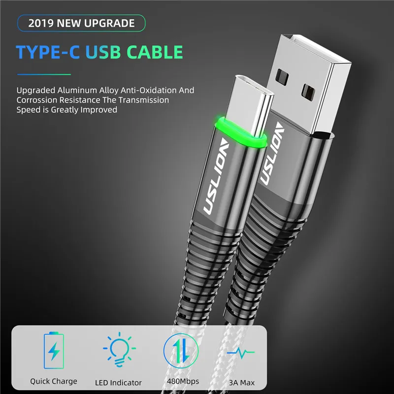 USLION светодиодный кабель 3 А usb type-C, кабель для быстрой зарядки для мобильного телефона samsung Xiaomi huawei type-C, USB-C кабель, шнур для зарядки 2 м