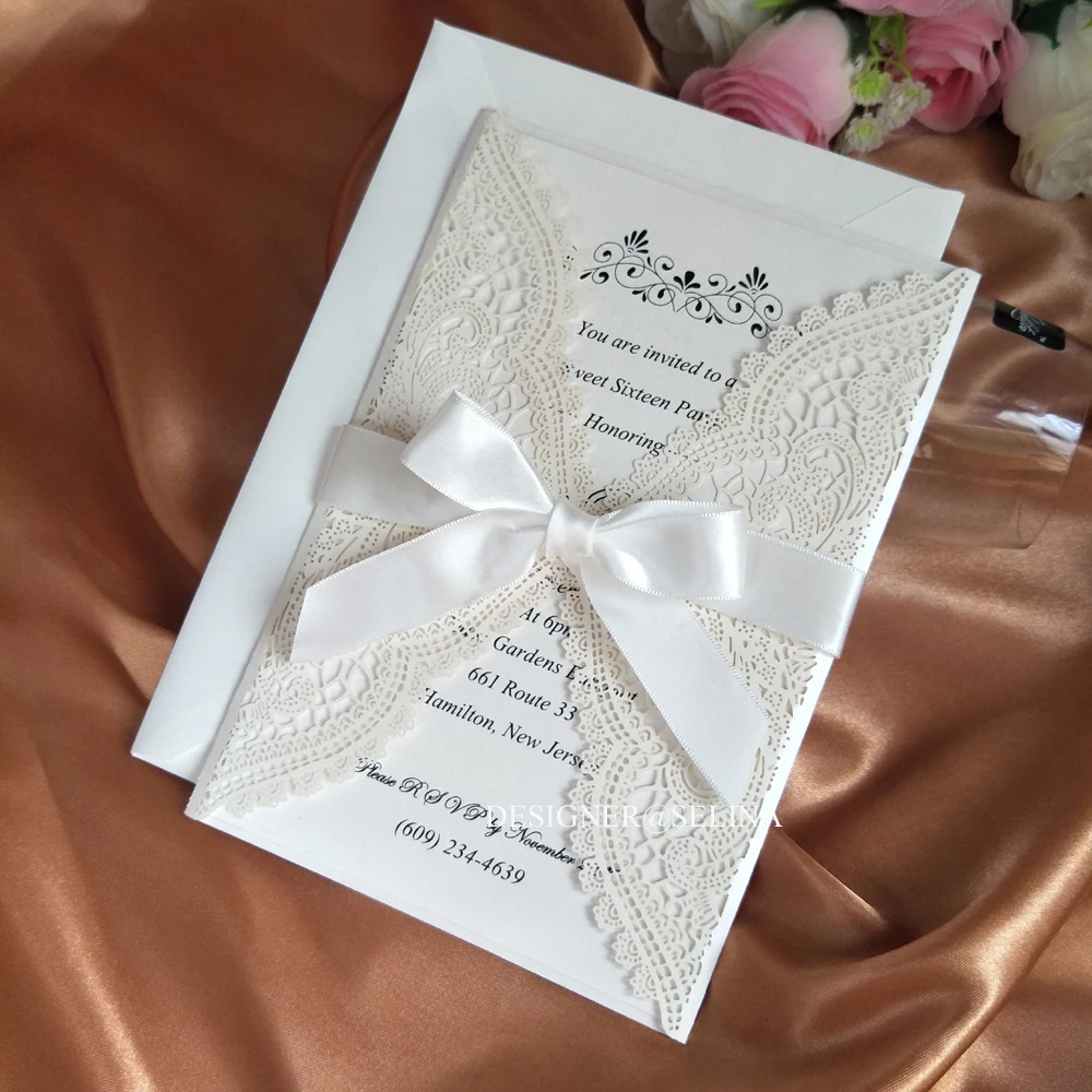 Крем кружевная лазерная резка свадебные приглашения с лентой 20 + Цвет Цветочные