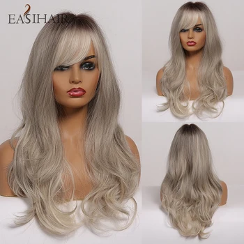 

EASIHAIR Grey Ombre Wavy Wigs Long Synthetic Wigs for Women Wigs with Bangs Natural Hair Wigs Heat Resistant Cosplay Wigs