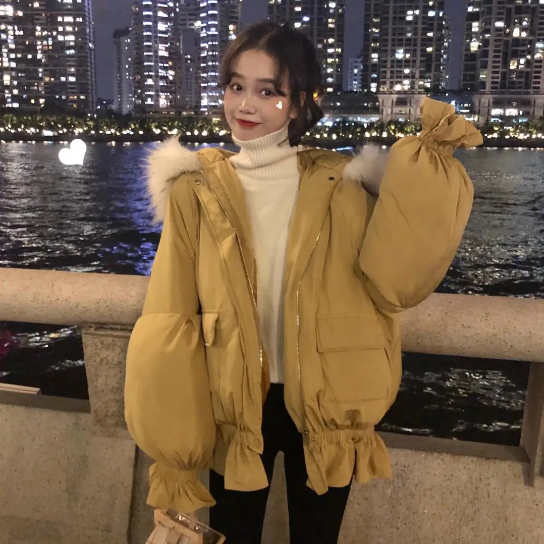 

Photo Shoot 2018 Edge Fur Collar Cotton Coat Women's Hooded Cotton-padded Clothes Cropped Jacket Loose-Fit Cotton-padded Jacket