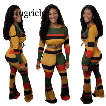 

Full Sleeve Colorful Stiped Bodycon Women Set Spring 2020 New Fashion Sport Zipper-neck 2 Pieces Casual Women Set