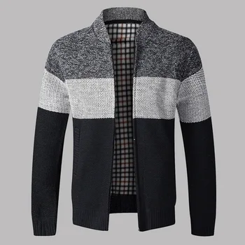

2020 Winter Men Stitching Color Sweater Plus Velvet Knitted Cardigan Long Sleeve Top Winter Warm Coat Loose Sweater